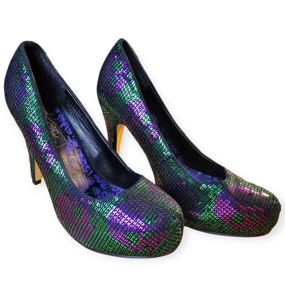 πβ¨ Iron Fist Digiskull Platform Pumps β Green & Purple Sequin | Size 38 (US 7.5 - Picture 14 of 14